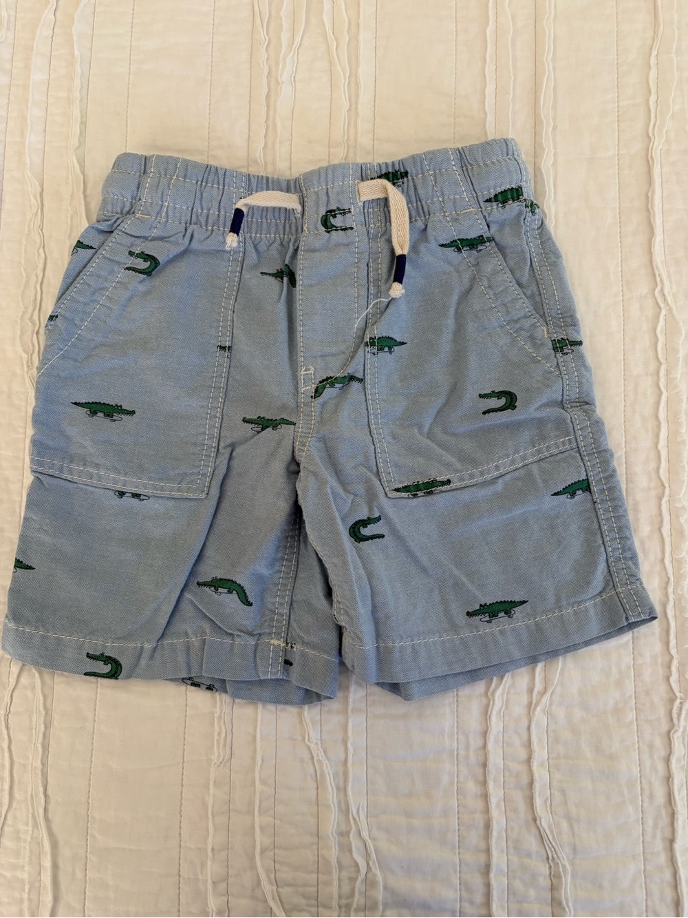 Blue Kids Cargo Shorts with Green Alligator on Skateboard Motif